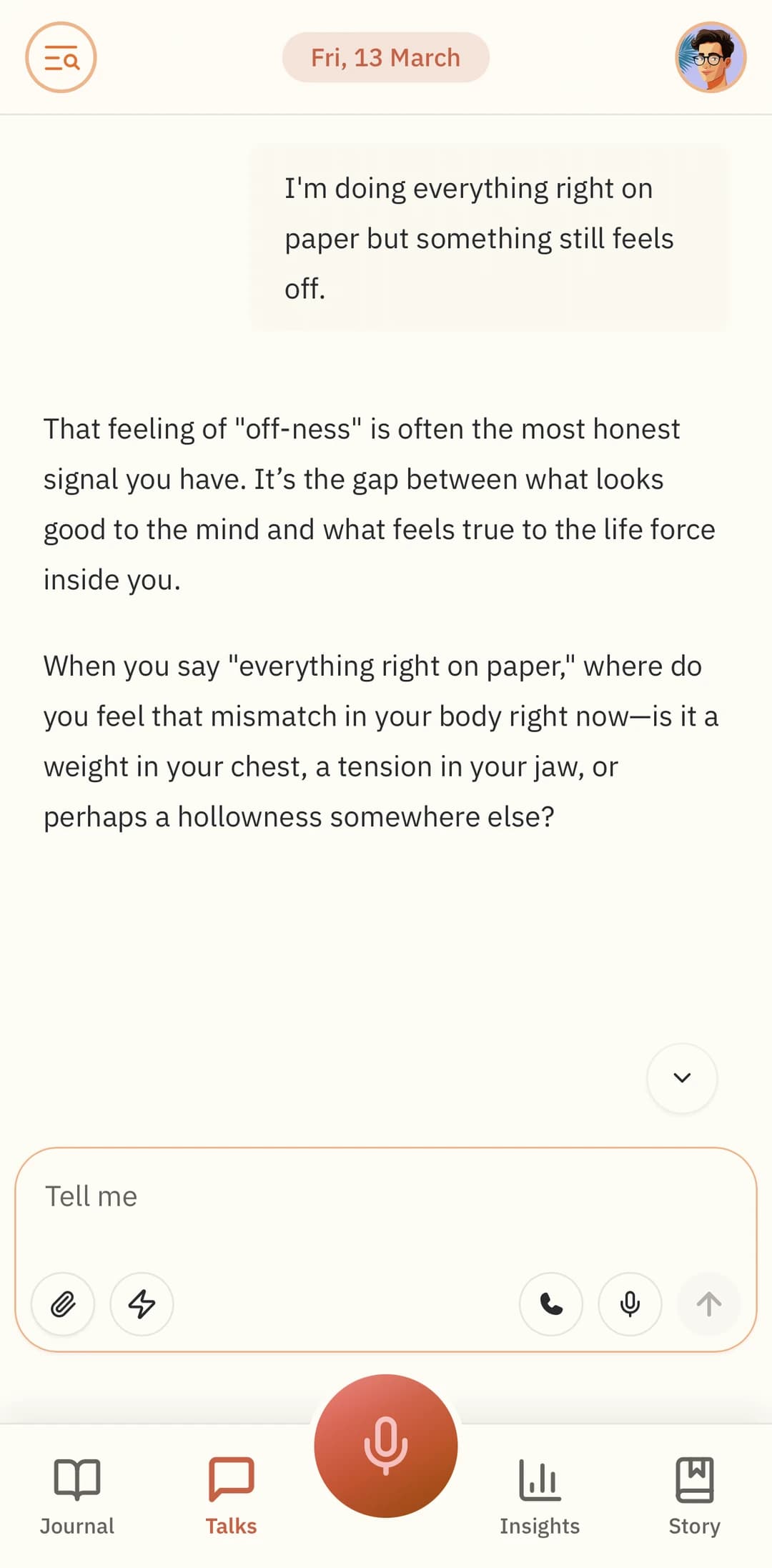 Aiman conversation screen with a reflective AI reply